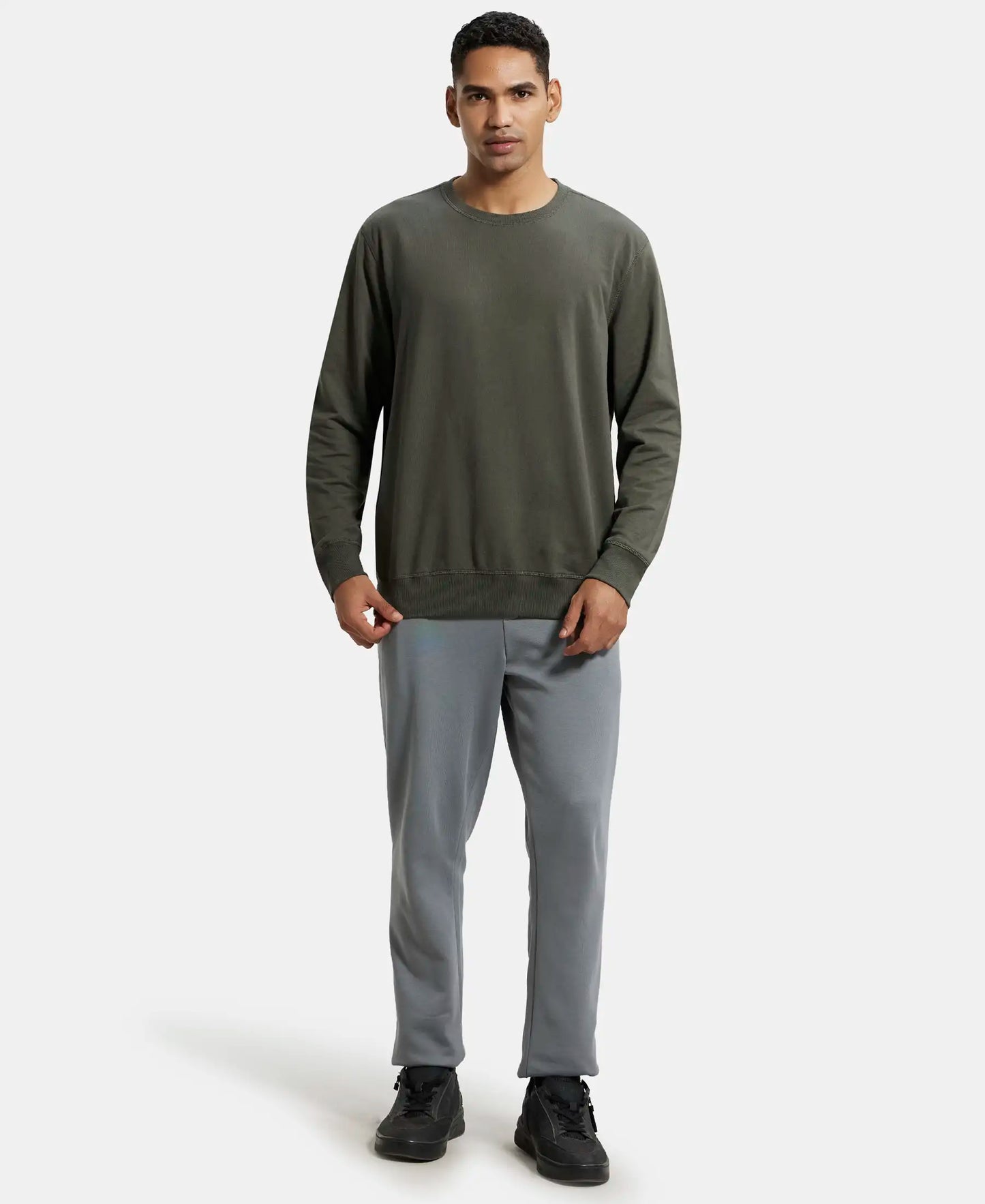 Super Combed Cotton French Terry Solid Sweatshirt with Ribbed Cuffs - Deep Olive-4
