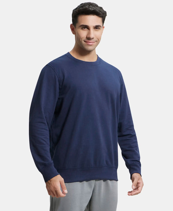 Super Combed Cotton French Terry Solid Sweatshirt with Ribbed Cuffs - Navy-2