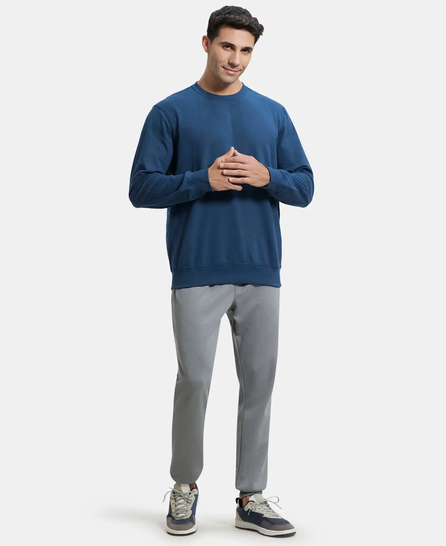 Super Combed Cotton French Terry Solid Sweatshirt with Ribbed Cuffs - Petrol-4