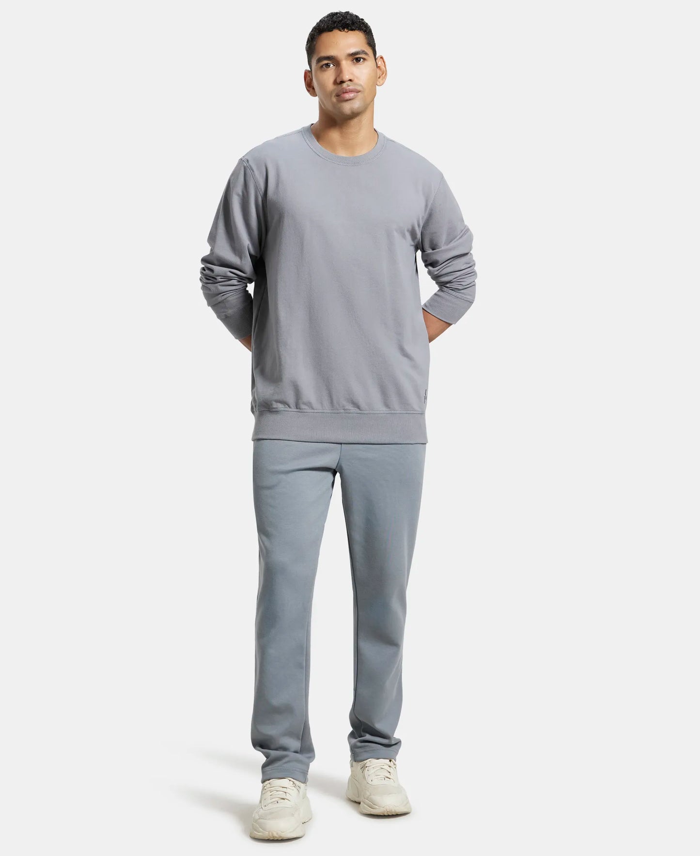 Super Combed Cotton French Terry Solid Sweatshirt with Ribbed Cuffs - Performance Grey-4