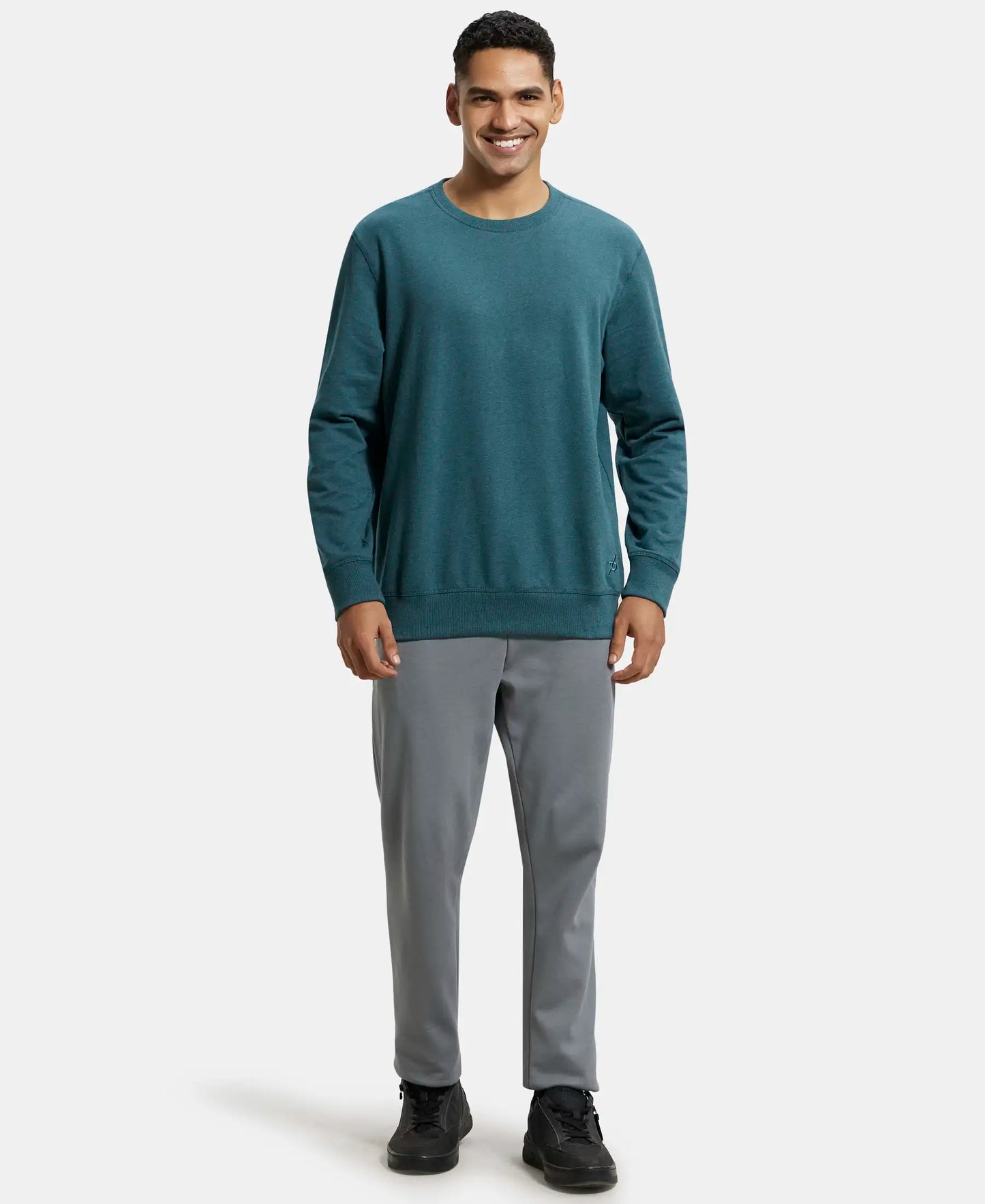 Super Combed Cotton French Terry Solid Sweatshirt with Ribbed Cuffs - Pine Melange-4