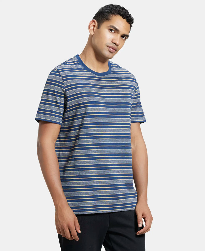 Super Combed Cotton Rich Striped Round Neck Half Sleeve T-Shirt - Ink Blue & Midgrey-2