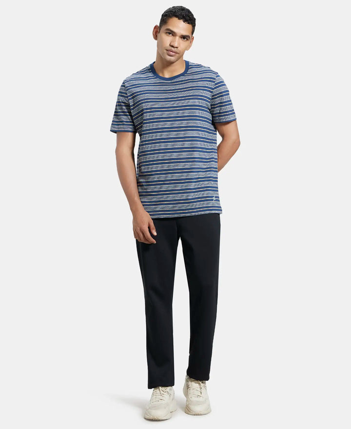 Super Combed Cotton Rich Striped Round Neck Half Sleeve T-Shirt - Ink Blue & Midgrey-4