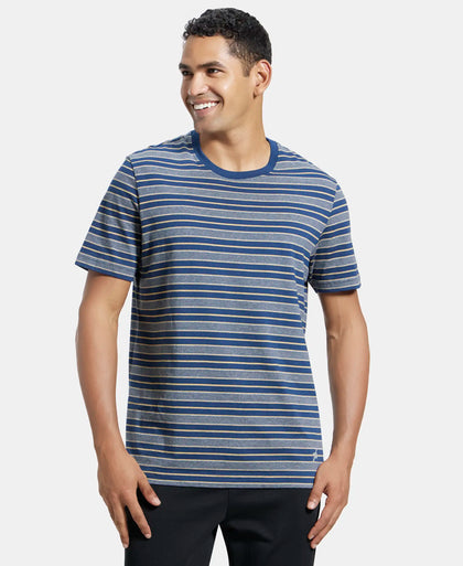Super Combed Cotton Rich Striped Round Neck Half Sleeve T-Shirt - Ink Blue & Midgrey-5