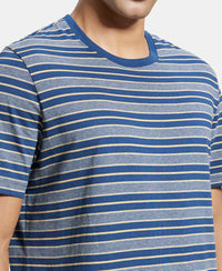 Super Combed Cotton Rich Striped Round Neck Half Sleeve T-Shirt - Ink Blue & Midgrey-6