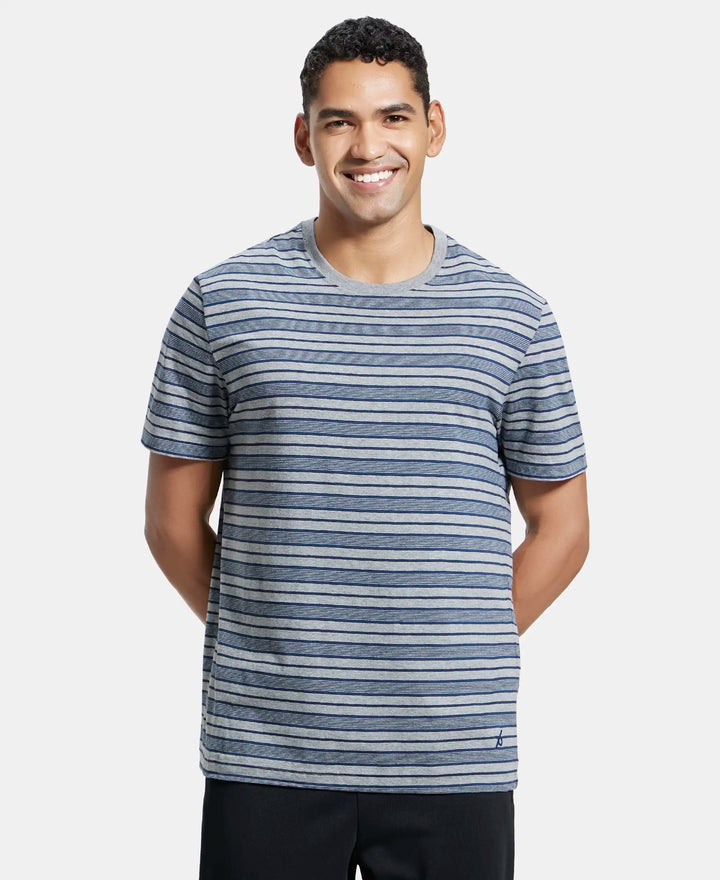 Super Combed Cotton Rich Striped Round Neck Half Sleeve T-Shirt - Mid Grey & Insignia Blue-1