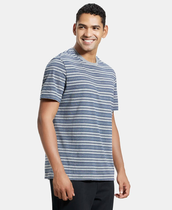 Super Combed Cotton Rich Striped Round Neck Half Sleeve T-Shirt - Mid Grey & Insignia Blue-2