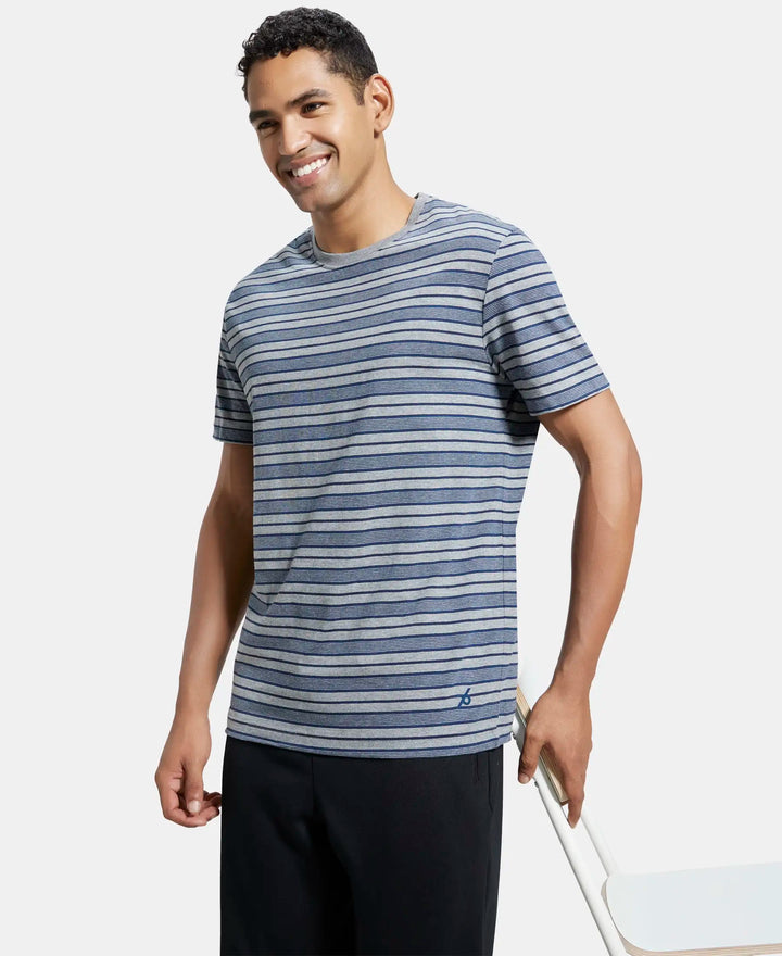 Super Combed Cotton Rich Striped Round Neck Half Sleeve T-Shirt - Mid Grey & Insignia Blue-5