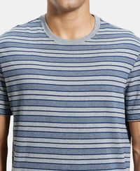 Super Combed Cotton Rich Striped Round Neck Half Sleeve T-Shirt - Mid Grey & Insignia Blue-6