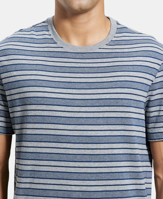 Super Combed Cotton Rich Striped Round Neck Half Sleeve T-Shirt - Mid Grey & Insignia Blue-6
