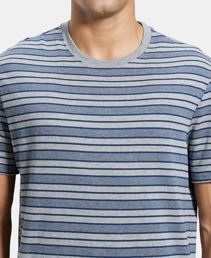 Super Combed Cotton Rich Striped Round Neck Half Sleeve T-Shirt - Mid Grey & Insignia Blue-6