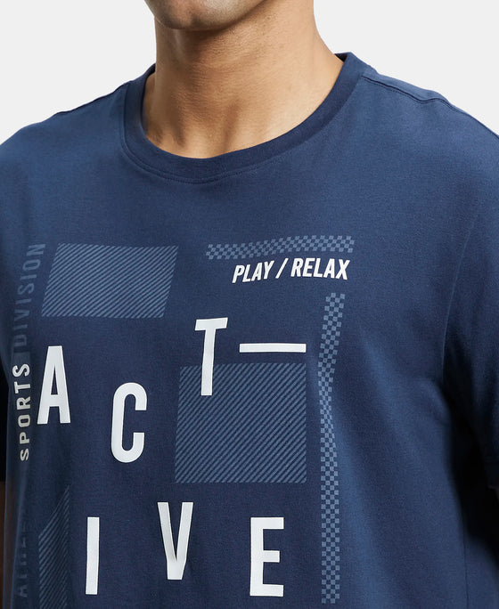 Super Combed Cotton Rich Graphic Printed Round Neck Half Sleeve T-Shirt - Navy-7