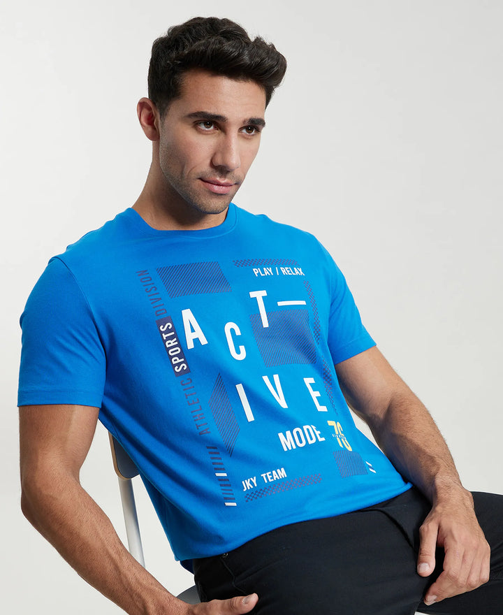 Super Combed Cotton Rich Graphic Printed Round Neck Half Sleeve T-Shirt - Neon Blue-5