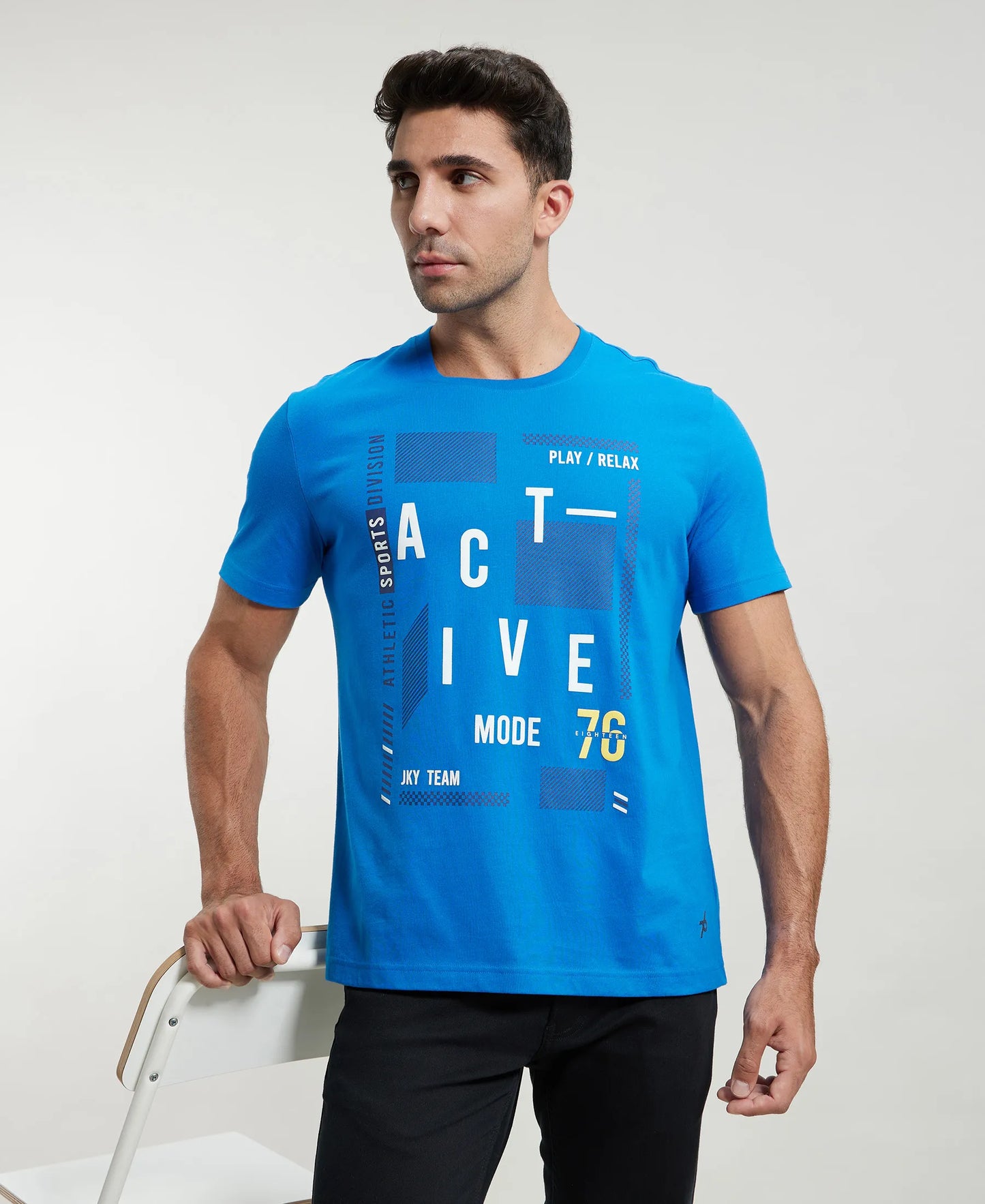 Super Combed Cotton Rich Graphic Printed Round Neck Half Sleeve T-Shirt - Neon Blue-6