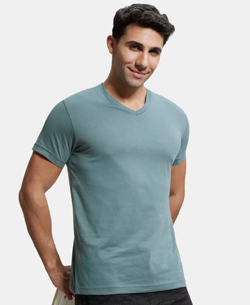 Super Combed Cotton Rich Solid V Neck Half Sleeve T-Shirt  - Balsam Green-5
