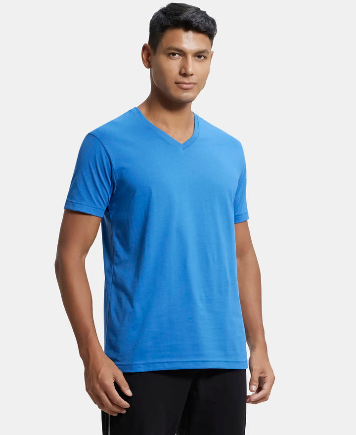 Super Combed Cotton Rich Solid V Neck Half Sleeve T-Shirt  - Bright Cobalt-2