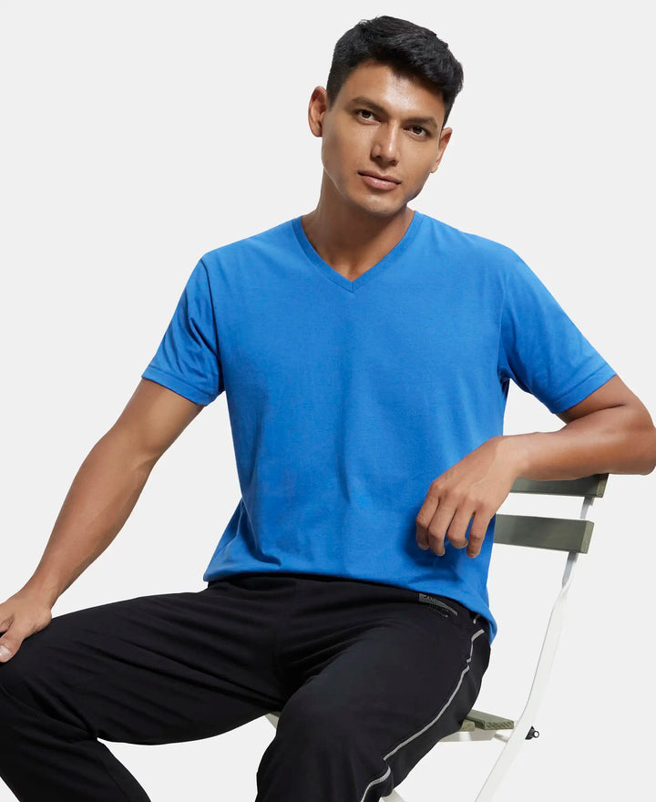 Super Combed Cotton Rich Solid V Neck Half Sleeve T-Shirt  - Bright Cobalt-5