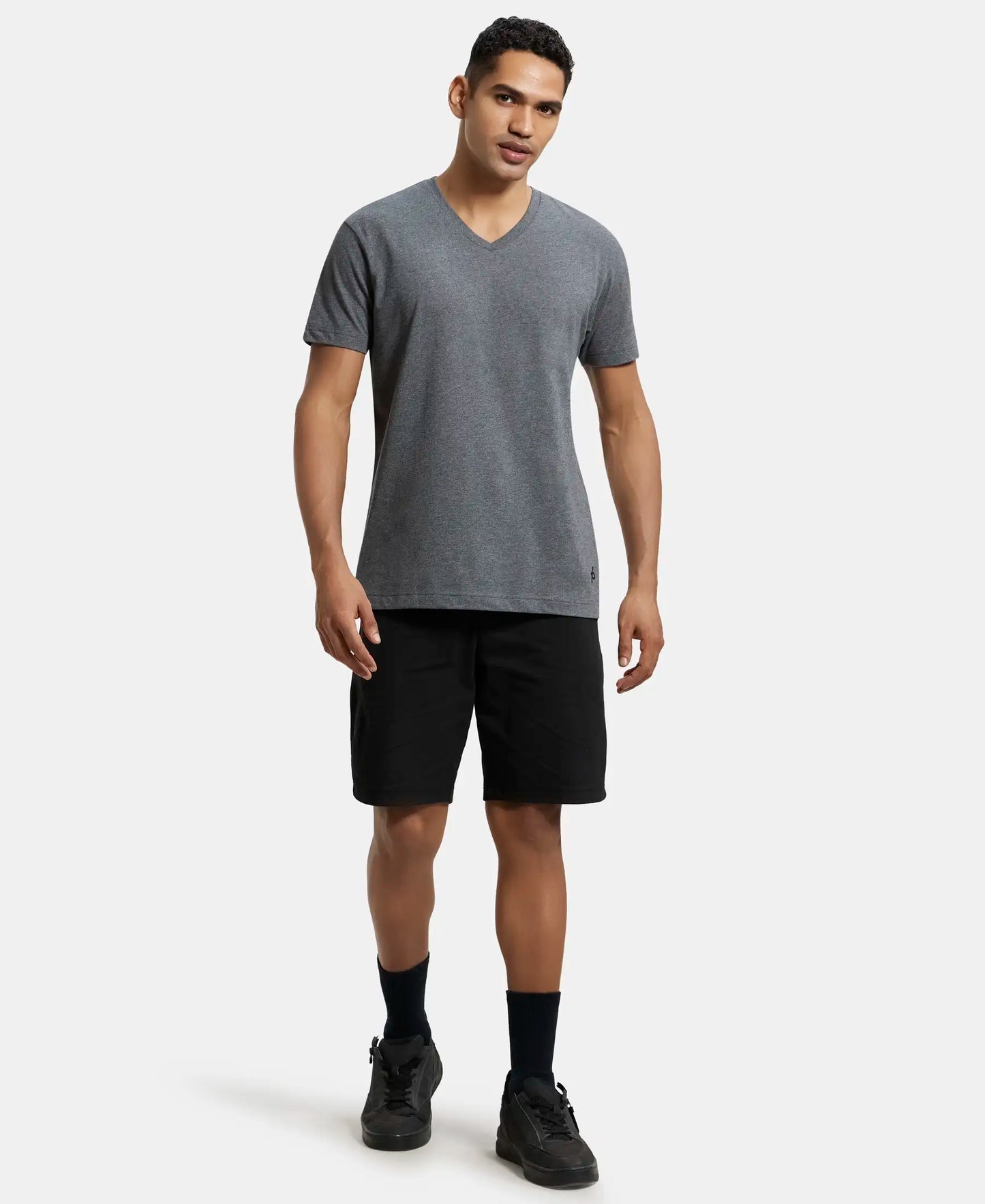 Super Combed Cotton Rich Solid V Neck Half Sleeve T-Shirt  - Charcoal Melange-4