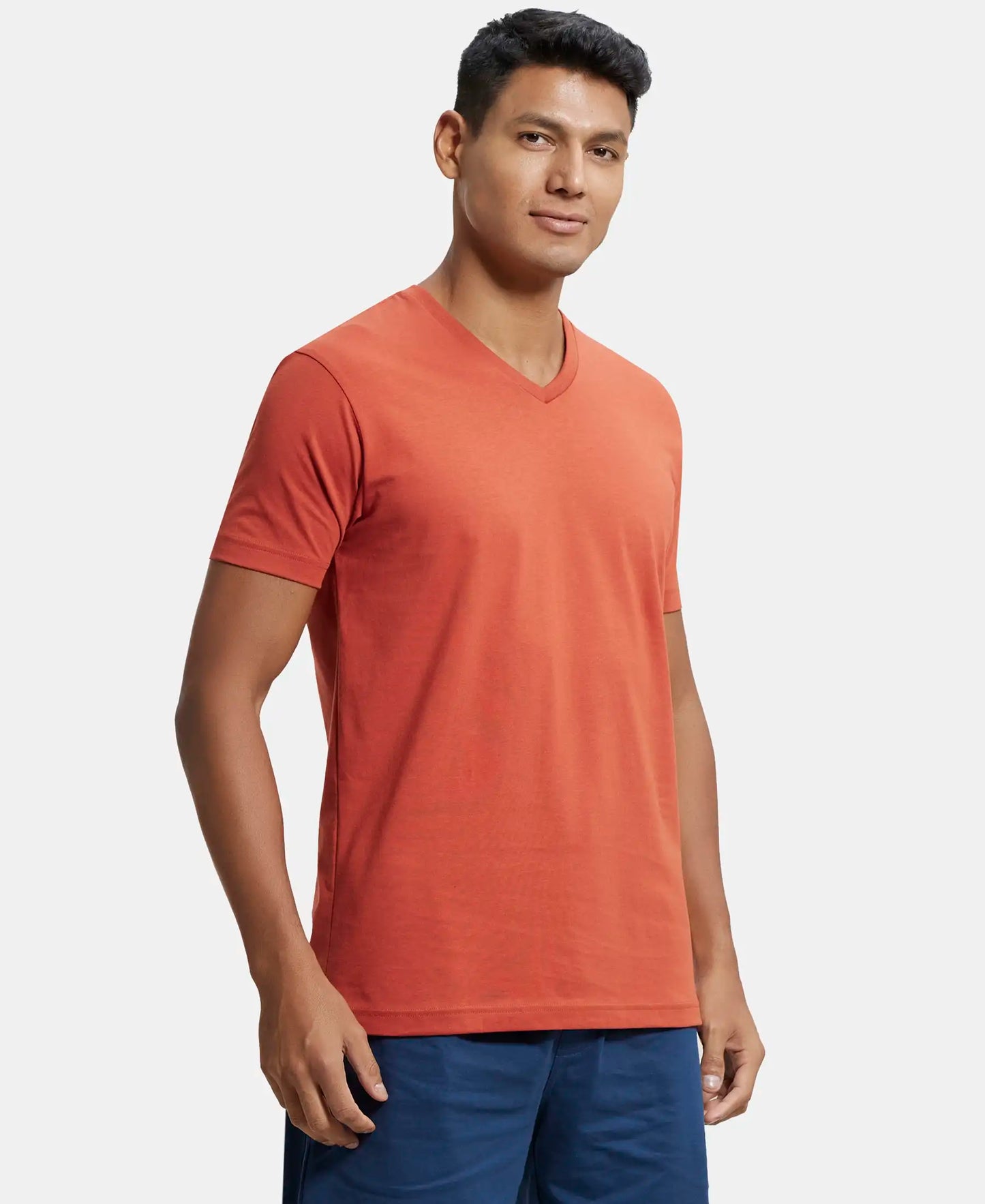 Super Combed Cotton Rich Solid V Neck Half Sleeve T-Shirt  - Cinnabar-2