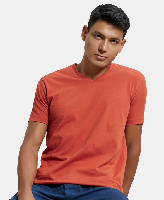 Super Combed Cotton Rich Solid V Neck Half Sleeve T-Shirt  - Cinnabar-5