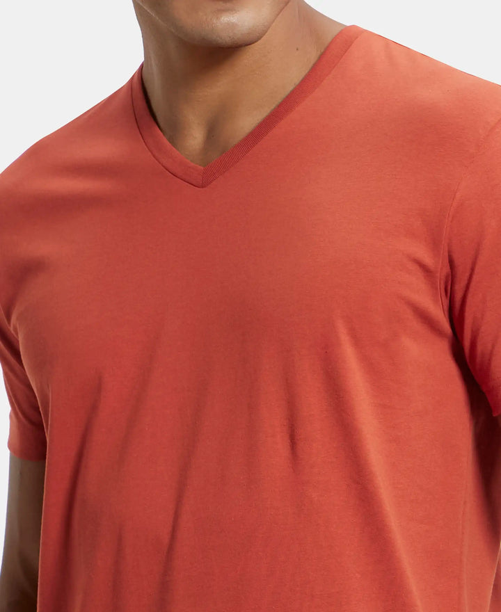 Super Combed Cotton Rich Solid V Neck Half Sleeve T-Shirt  - Cinnabar-6