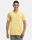 Super Combed Cotton Rich Solid V Neck Half Sleeve T-Shirt  - Corn Silk-1