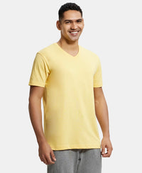 Super Combed Cotton Rich Solid V Neck Half Sleeve T-Shirt  - Corn Silk-2
