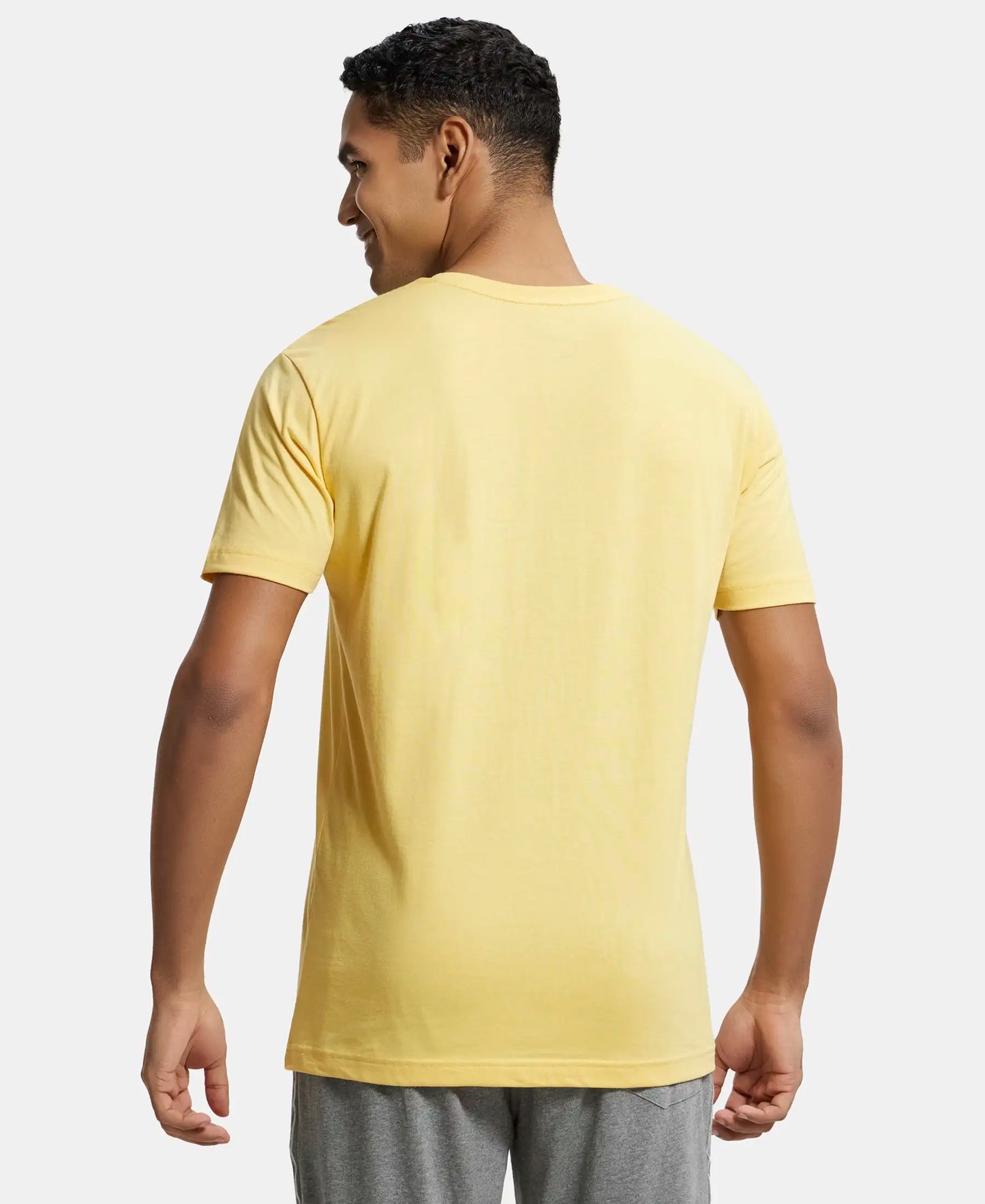 Super Combed Cotton Rich Solid V Neck Half Sleeve T-Shirt  - Corn Silk-3