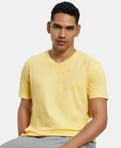 Super Combed Cotton Rich Solid V Neck Half Sleeve T-Shirt  - Corn Silk-5