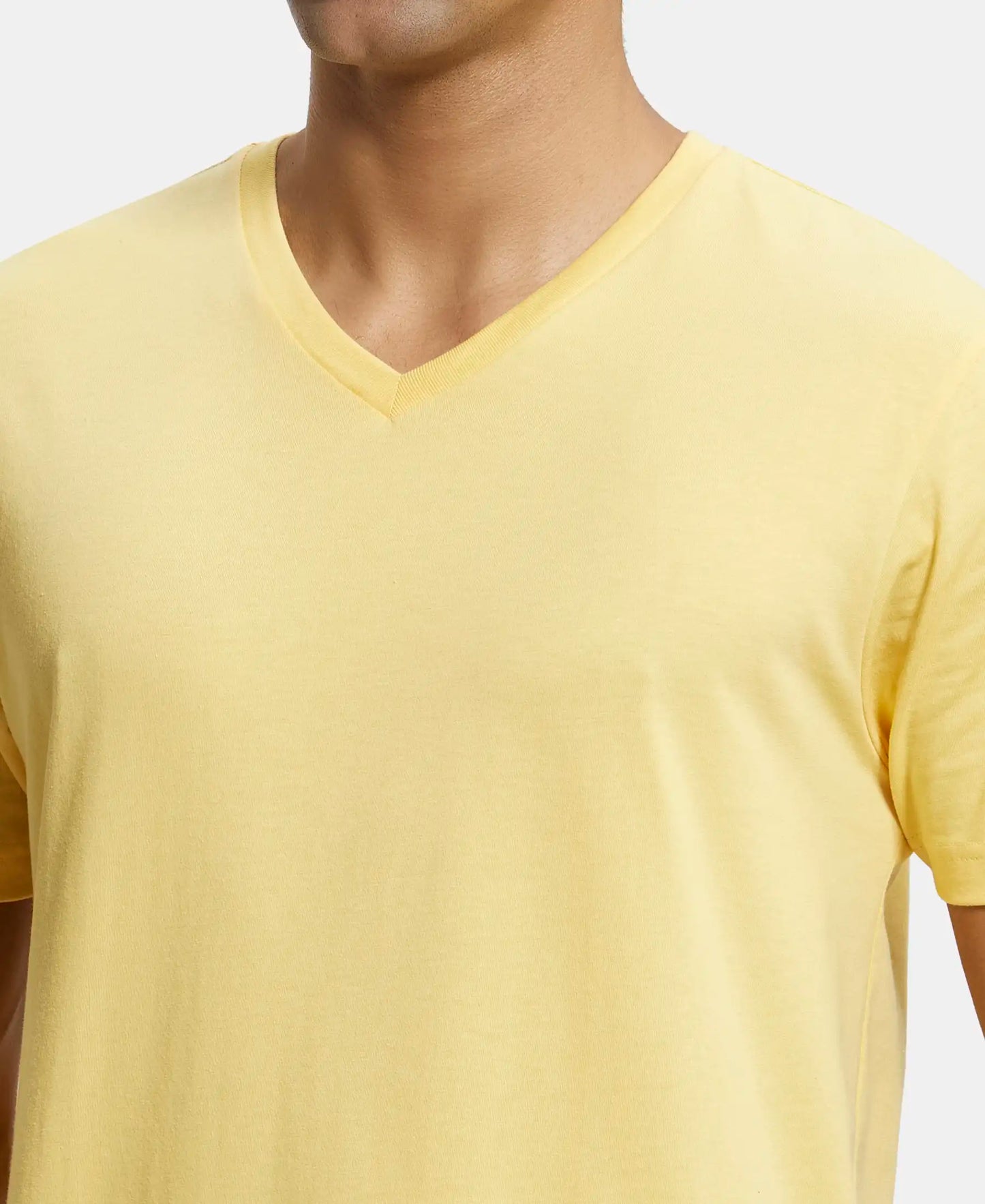 Super Combed Cotton Rich Solid V Neck Half Sleeve T-Shirt  - Corn Silk-6