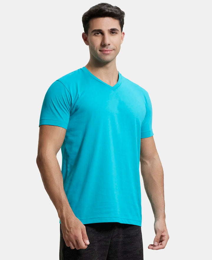 Super Combed Cotton Rich Solid V Neck Half Sleeve T-Shirt  - Deep Atlantis-2