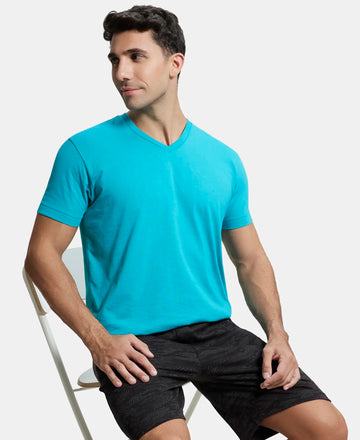Super Combed Cotton Rich Solid V Neck Half Sleeve T-Shirt  - Deep Atlantis-5