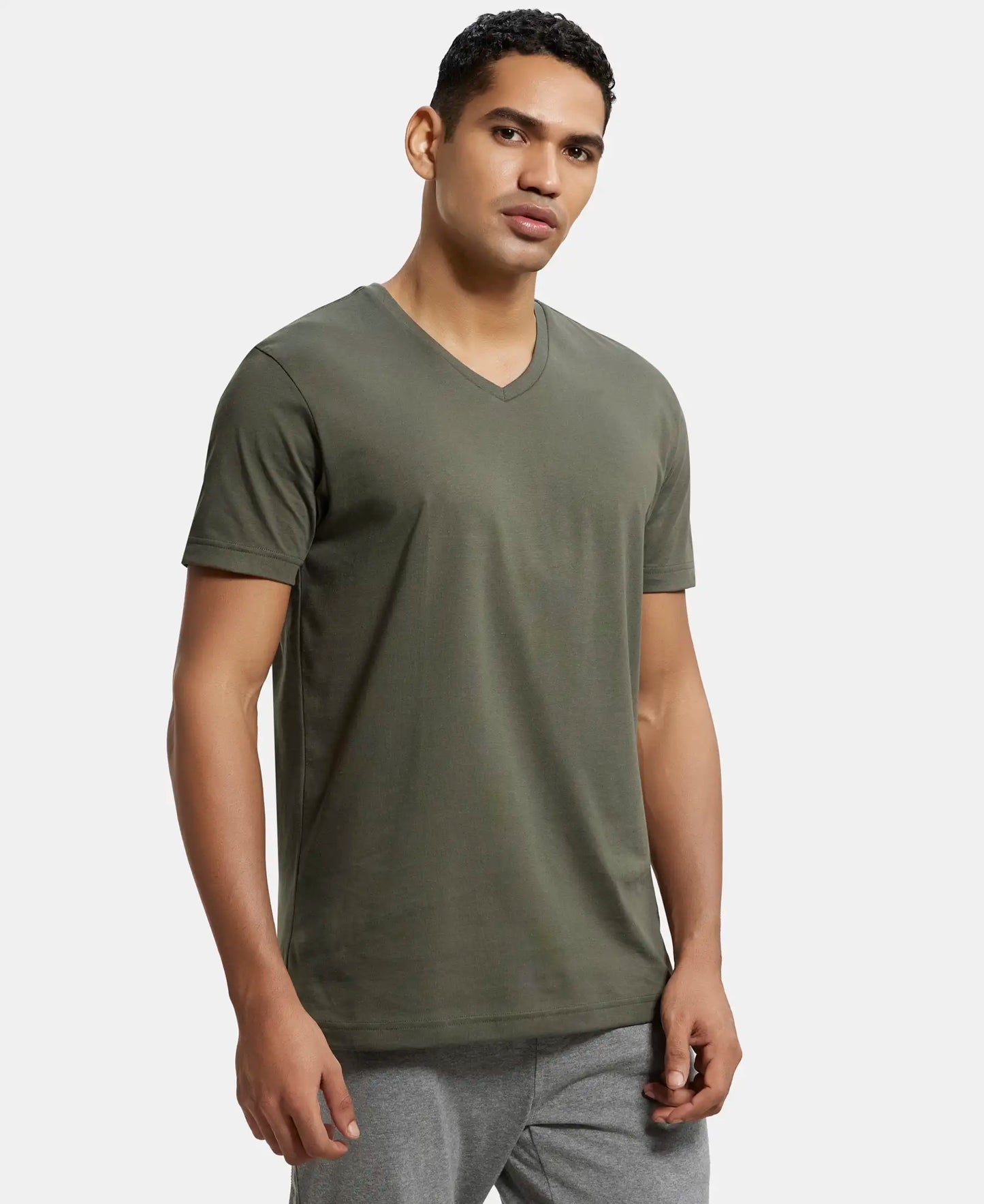 Super Combed Cotton Rich Solid V Neck Half Sleeve T-Shirt  - Deep Olive-2