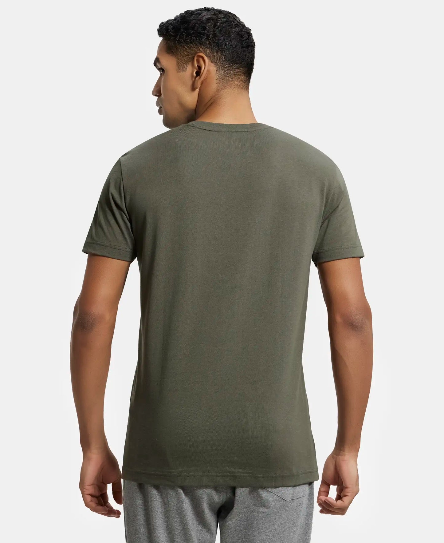 Super Combed Cotton Rich Solid V Neck Half Sleeve T-Shirt  - Deep Olive-3
