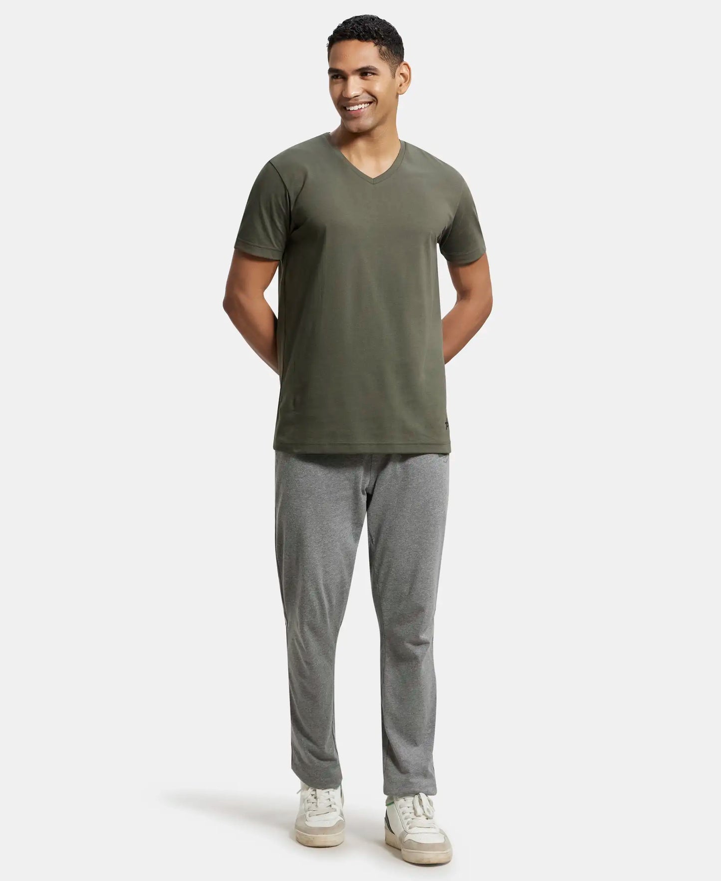 Super Combed Cotton Rich Solid V Neck Half Sleeve T-Shirt  - Deep Olive-4