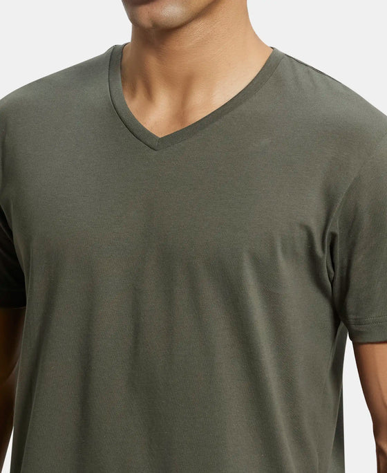Super Combed Cotton Rich Solid V Neck Half Sleeve T-Shirt  - Deep Olive-6
