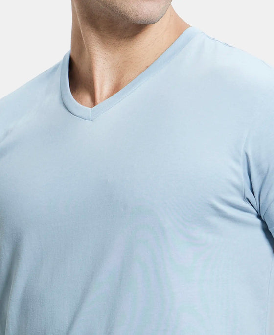 Super Combed Cotton Rich Solid V Neck Half Sleeve T-Shirt  - Dusty Blue-6