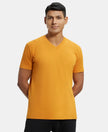 Super Combed Cotton Rich Solid V Neck Half Sleeve T-Shirt  - Desert Sun-1
