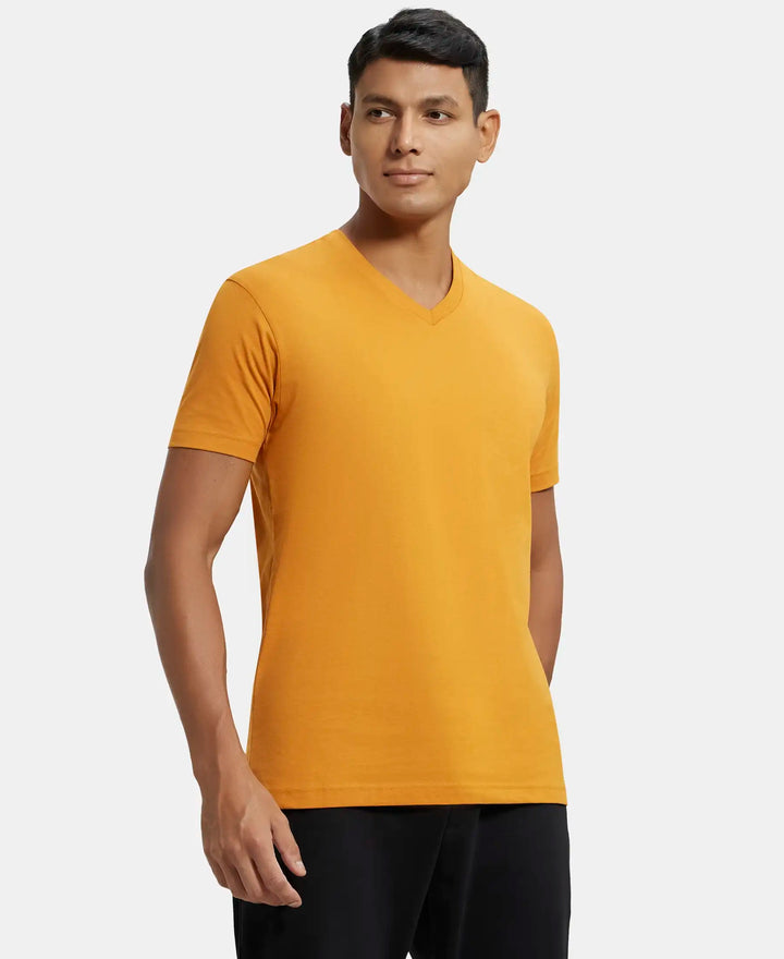 Super Combed Cotton Rich Solid V Neck Half Sleeve T-Shirt  - Desert Sun-2