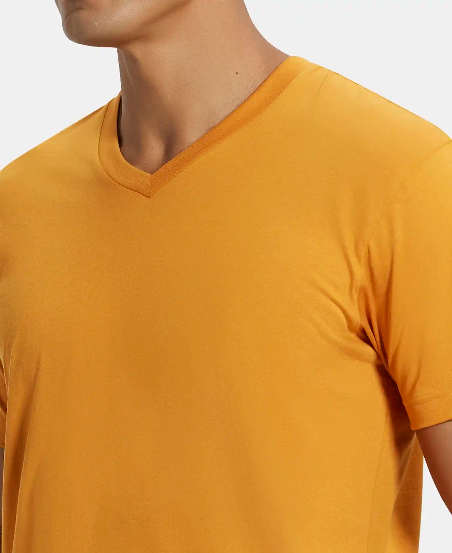 Super Combed Cotton Rich Solid V Neck Half Sleeve T-Shirt  - Desert Sun-6