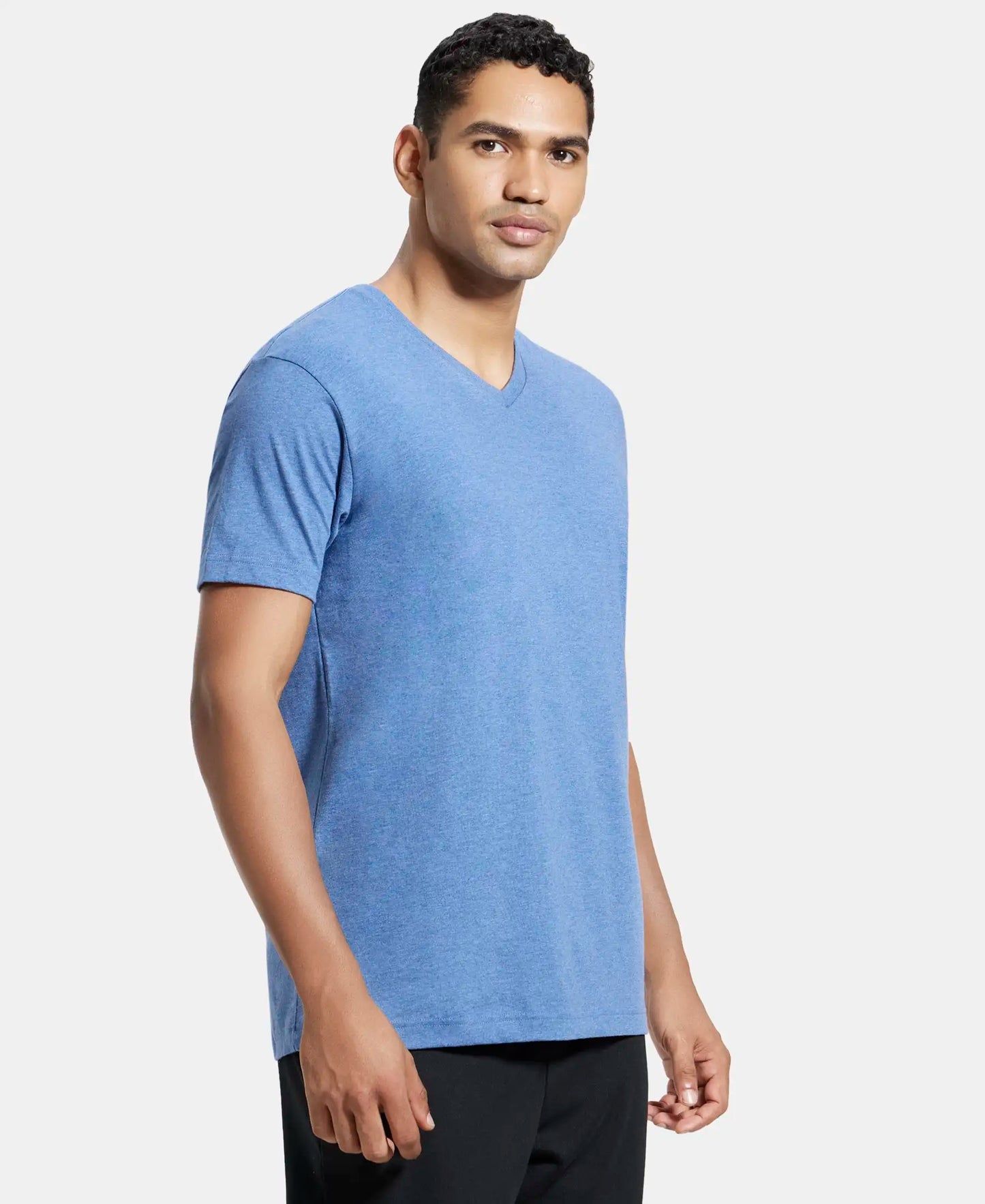 Super Combed Cotton Rich Solid V Neck Half Sleeve T-Shirt  - Light Denim Melange-2