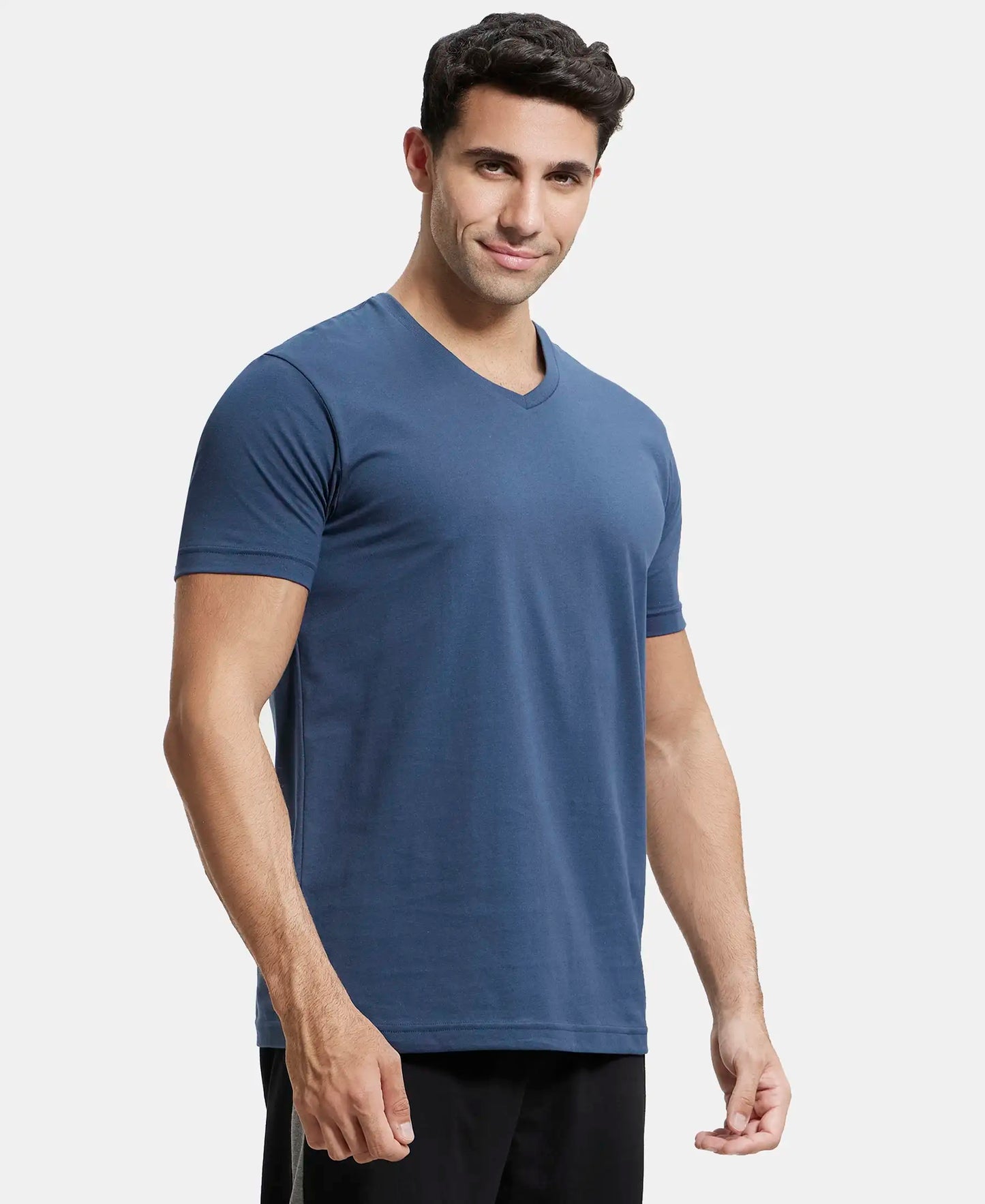 Super Combed Cotton Rich Solid V Neck Half Sleeve T-Shirt  - Mid Night Navy-2