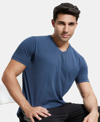 Super Combed Cotton Rich Solid V Neck Half Sleeve T-Shirt  - Mid Night Navy-5