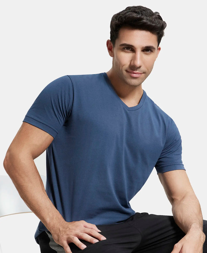 Super Combed Cotton Rich Solid V Neck Half Sleeve T-Shirt  - Mid Night Navy-5