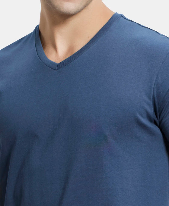 Super Combed Cotton Rich Solid V Neck Half Sleeve T-Shirt  - Mid Night Navy-6