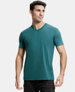 Super Combed Cotton Rich Solid V Neck Half Sleeve T-Shirt  - Pacific Green-1