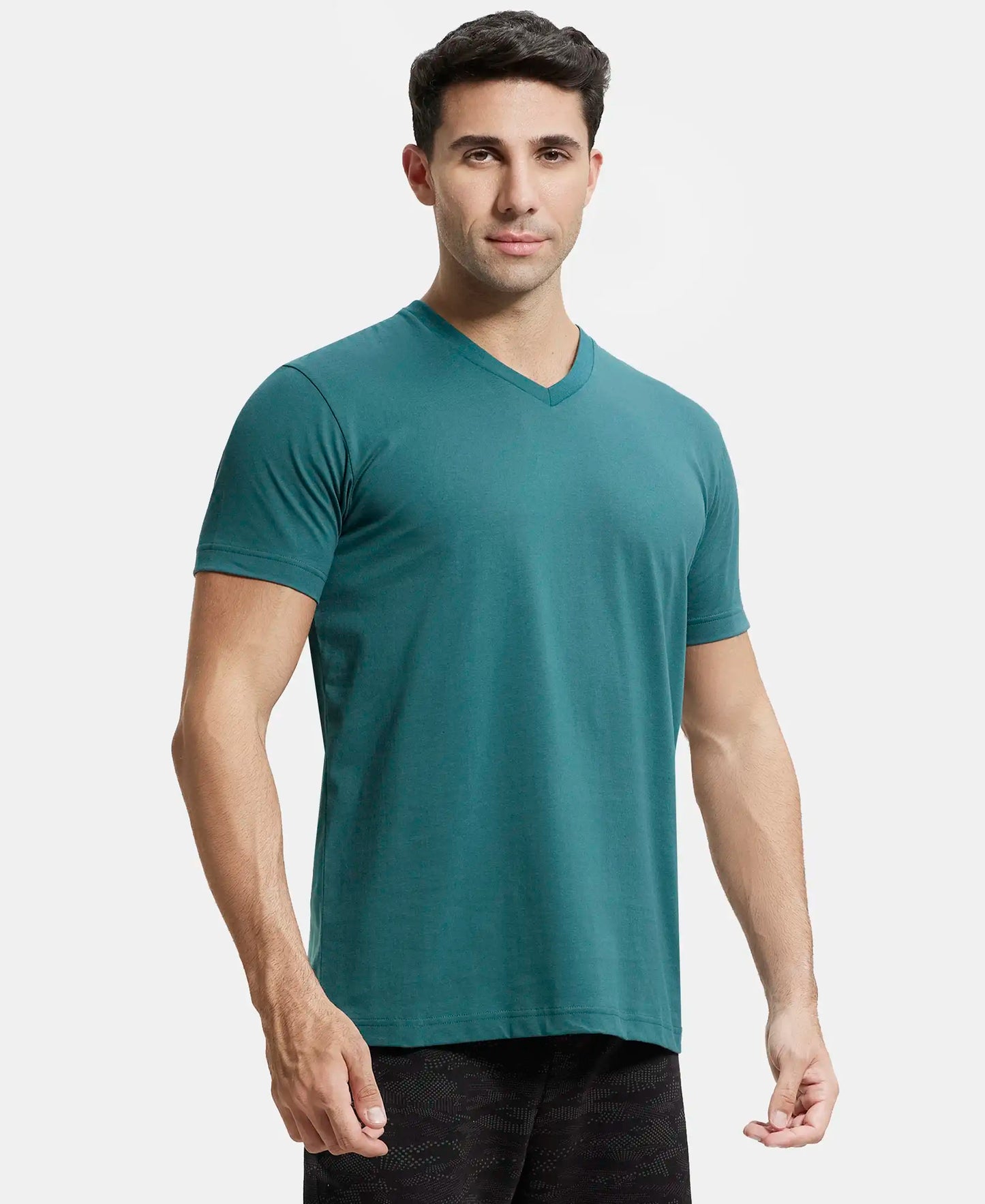 Super Combed Cotton Rich Solid V Neck Half Sleeve T-Shirt  - Pacific Green-2