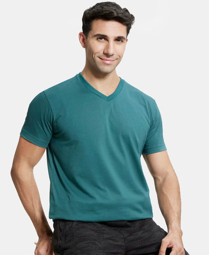 Super Combed Cotton Rich Solid V Neck Half Sleeve T-Shirt  - Pacific Green-5