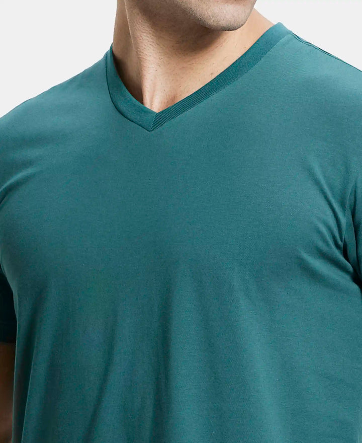 Super Combed Cotton Rich Solid V Neck Half Sleeve T-Shirt  - Pacific Green-6