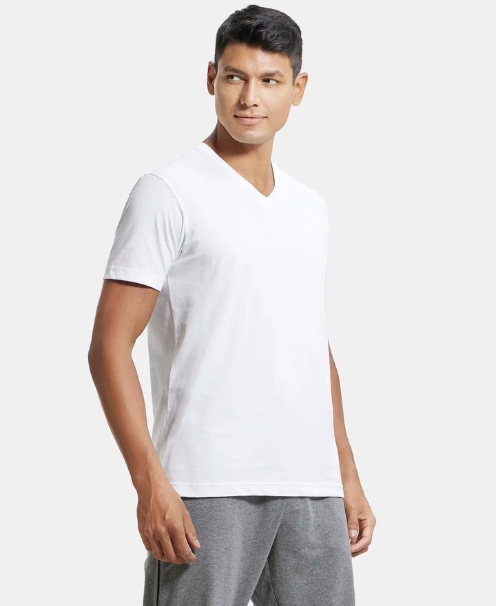 Super Combed Cotton Rich Solid V Neck Half Sleeve T-Shirt  - White-2